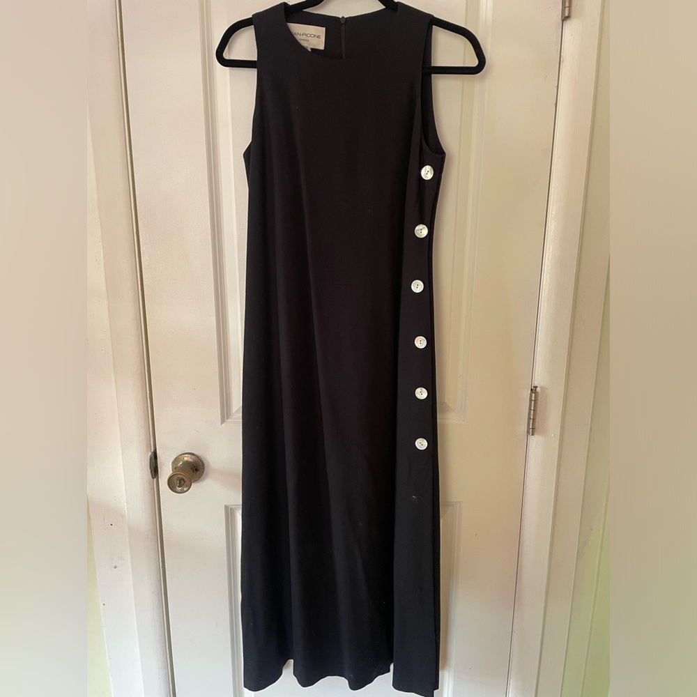 EVAN PICONE DRESS linen, lines maxi with pearl buttons